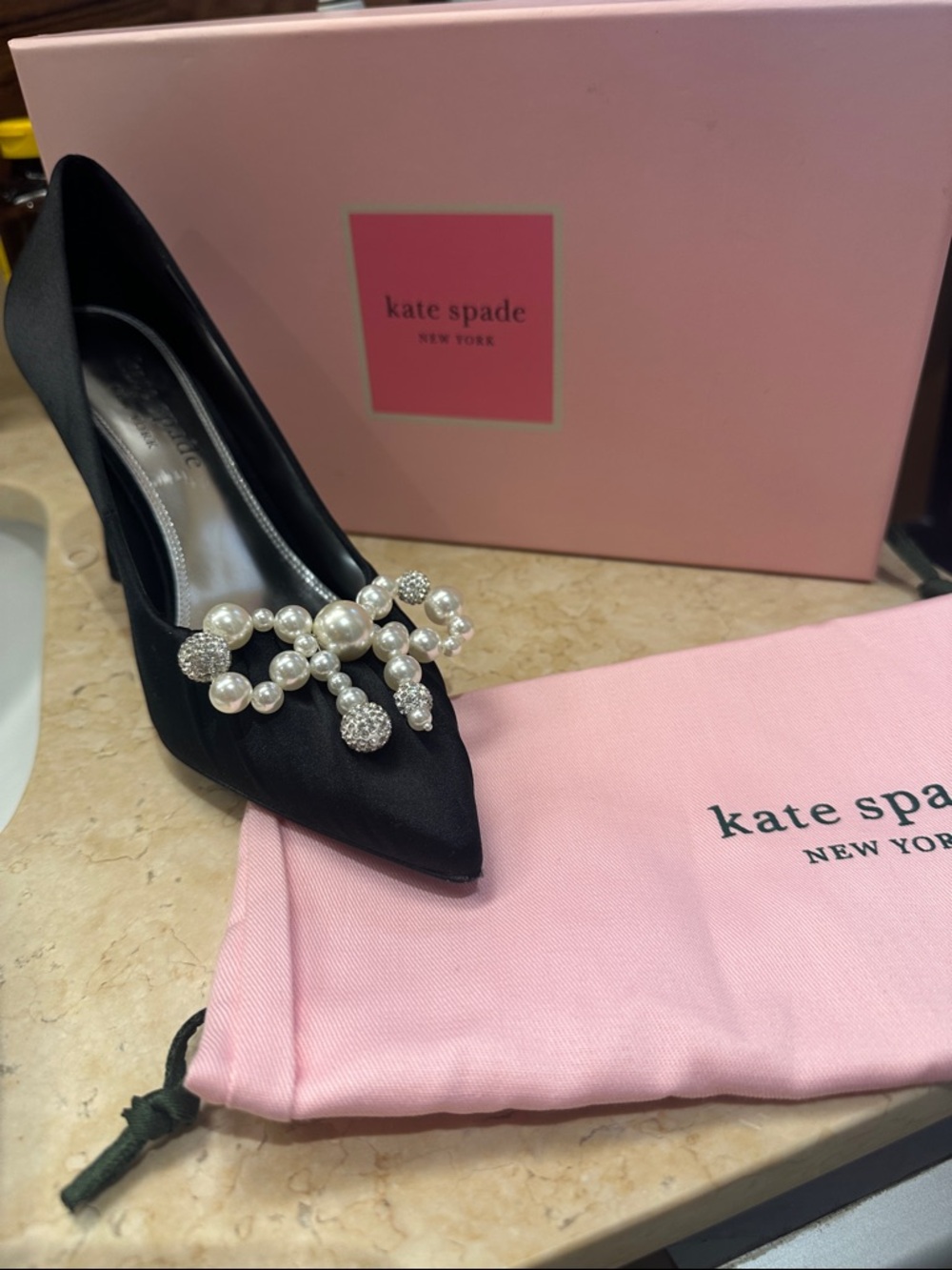 kate spade black satin pointed-toe pump with pearl & crystal cluster